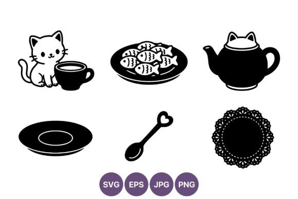 Cat Coffee Fish Teapot Vector Icons