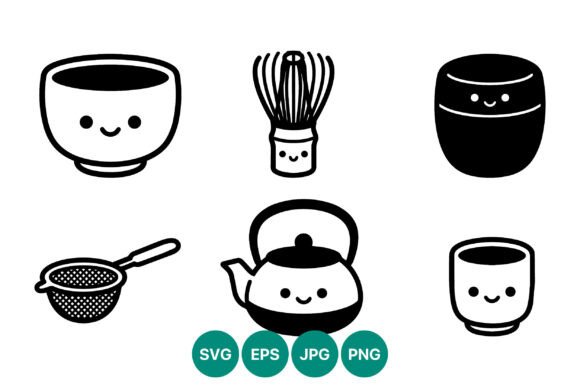 Kawaii Cute Black White Tea Set Vector Review