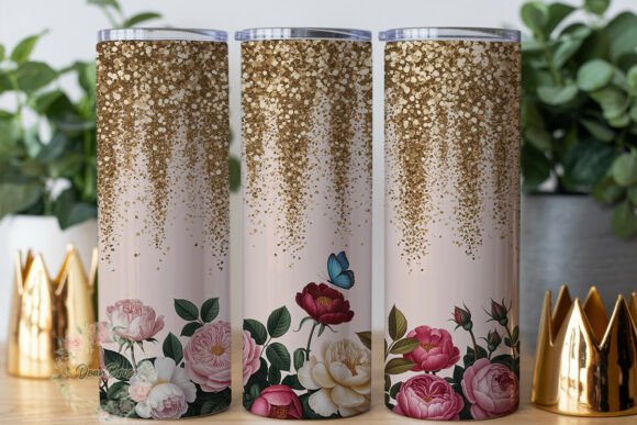 Pink Floral Gold Glitter Tumbler Wrap