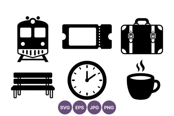 Travel Icons Black Suitcase Ticket Train Review
